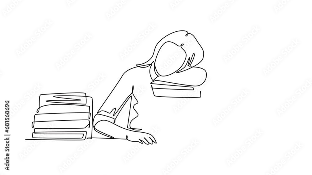 Animated self drawing of continuous line draw young bored female college student fall asleep on pile of books while studying at library. Learning education concept. Full length single line animation Animated self drawing of continuous line draw young bored female college student fall asleep on pile of books while studying at library. Learning education concept. Full length single line animation