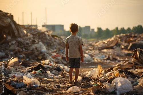 Back view of a preteen serious boy surrounded with bunches of garbage on a city buildings background