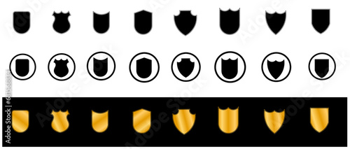 Shield icon set in vintage style. Protect shield security line icons. Badge quality symbol, sign, logo or emblem. Vector illustration