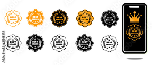 Best seller sticker label set with medal gold and red ribbon isolated fit for mark best seller product, book cover label Vector illustration 