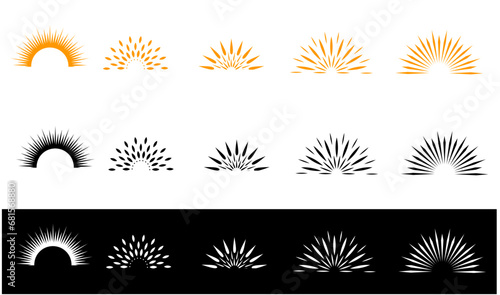 Half sunburst frame set. Linear sunrise and sunset symbols collection. Radial sunshine light rays pack. Retro sunbeam shapes. Design elements for logo, label, badge, poster. Vector bundle #681568880