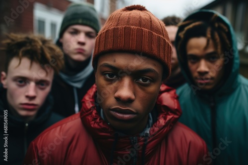 A group of young serious teenagers from a hip hop gang in a lightly day street photo