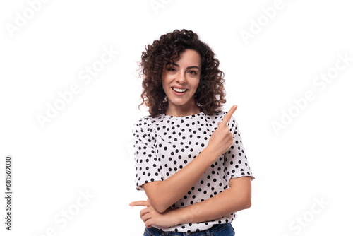 young smart caucasian woman with curly perm hair on a white background