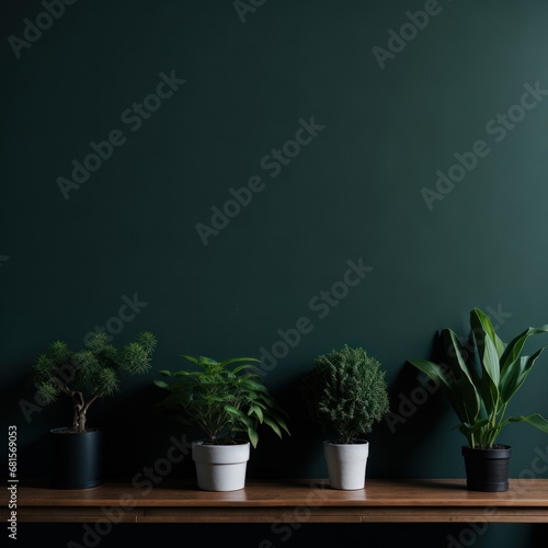 Interior of modern living room with dark green walls, concrete floor and plants in pots. 3d render