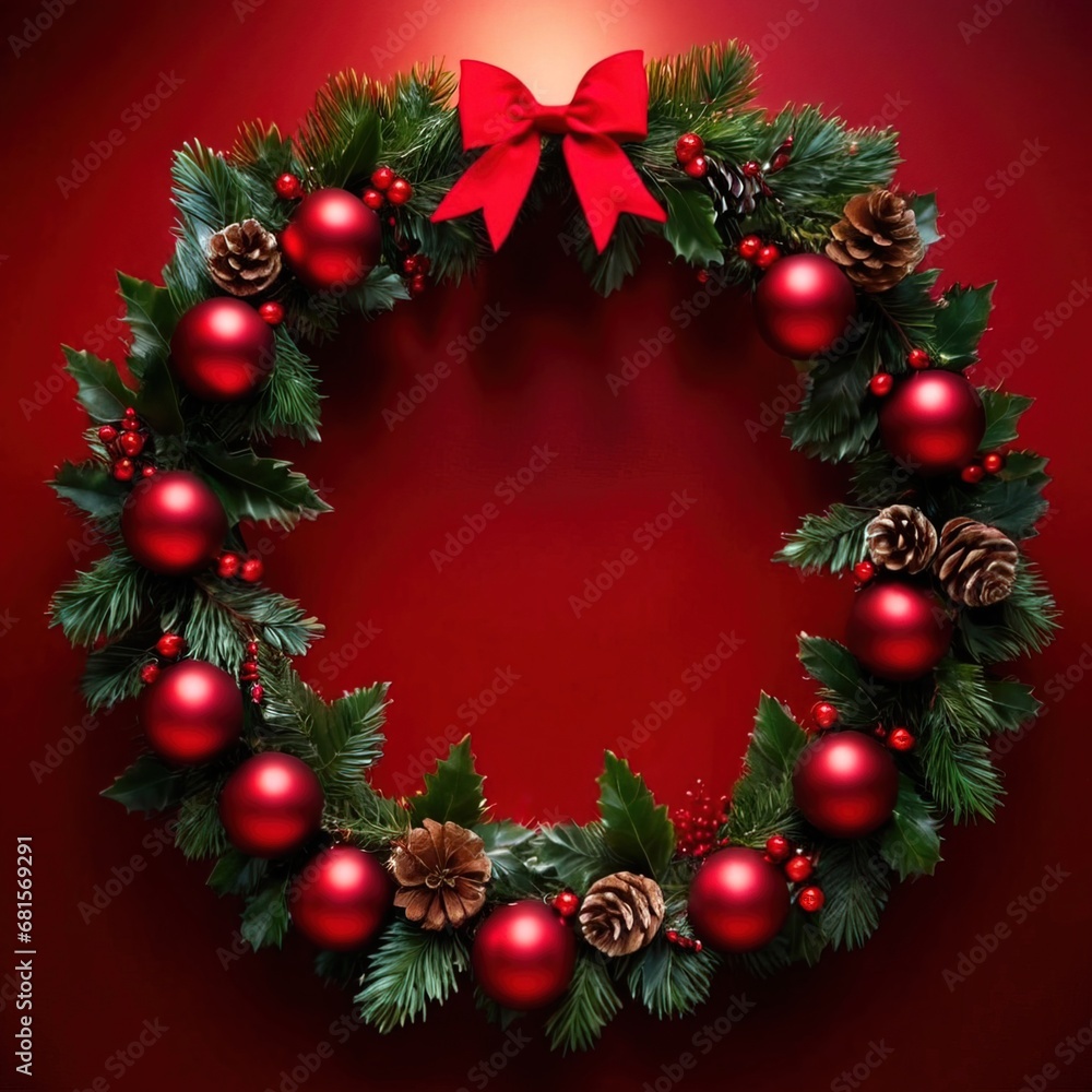 Christmas wreath, traditional seasonal holiday decoration, hung on wall or door