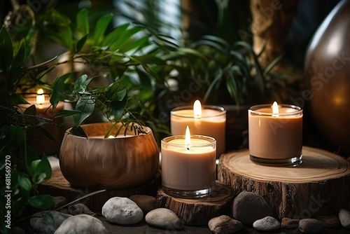 Cozy background. Scented candles surrounded by green plant leaves and stones