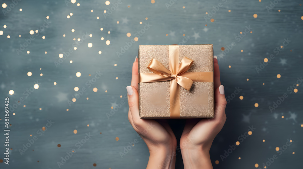 Woman’s hands holding Gift box top view Woman’s hands holding Gift box top view
