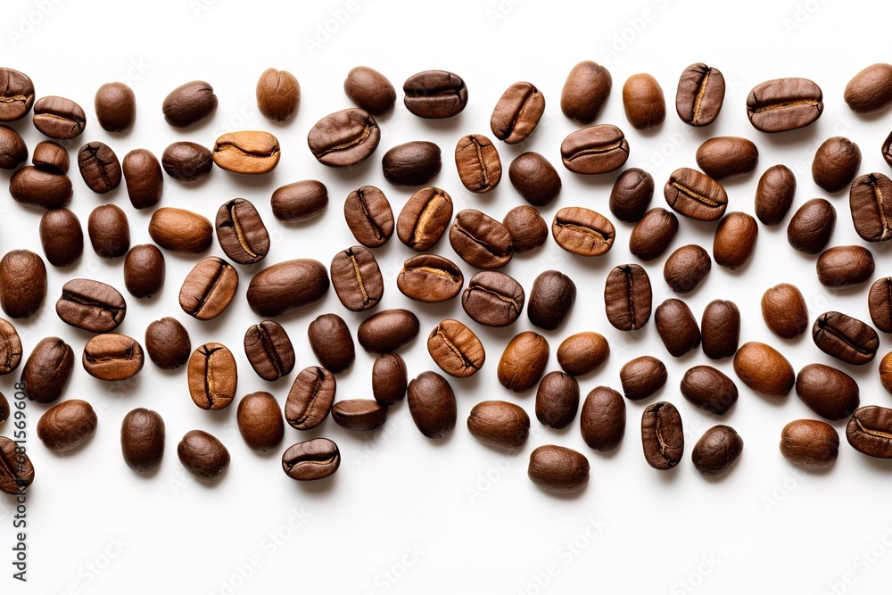 Obraz premium Roasted coffee beans neatly scattered in a wide strip on a white background