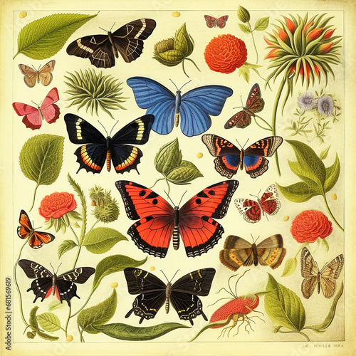 Colorful butterflies  nature composition as in vintage illustration  Victorian style on creamy paper background
