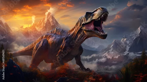 Fototapeta illustration of a big dangerous angry dinosaur in a foggy mountain valley at dawn