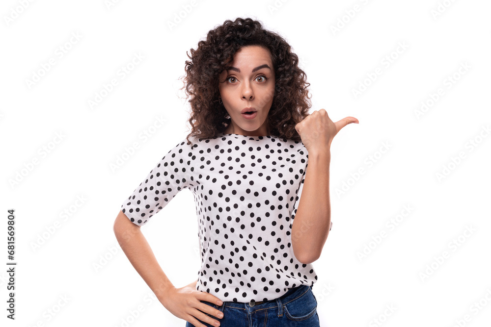portrait of a young slender caucasian business woman with curly black hair dressed in a summer blouse portrait of a young slender caucasian business woman with curly black hair dressed in a summer blouse