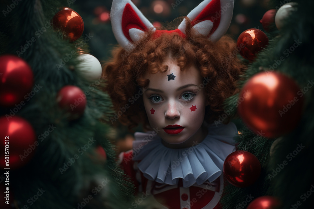 Girl in Christmas tree forest with red deer ears in front of the Christmas tree. Funny New Year or Christmas concept Girl in Christmas tree forest with red deer ears in front of the Christmas tree. Funny New Year or Christmas concept