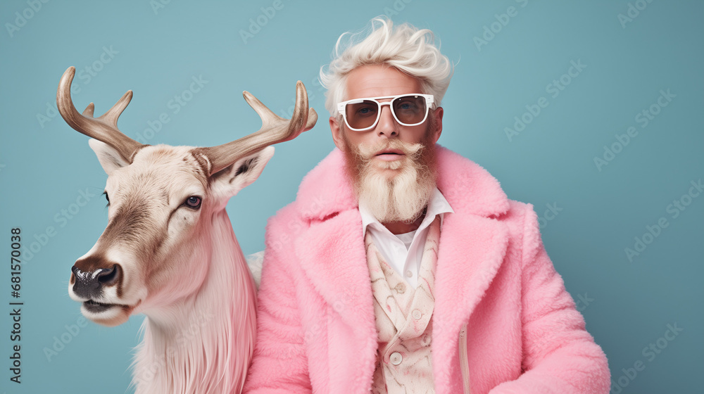 Portrait of a person with a reindeer. Man with white beard and mustache, wearing pink clothes and white sunglasses. Light blue background, copy space