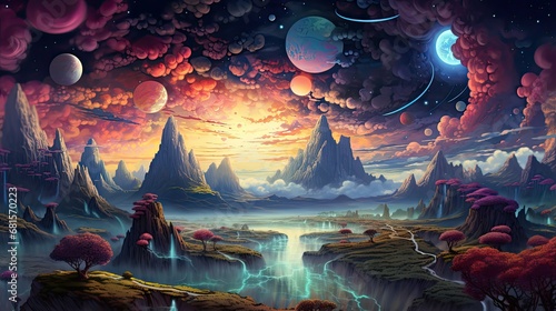 fantastical planet with swirling clouds and colorful