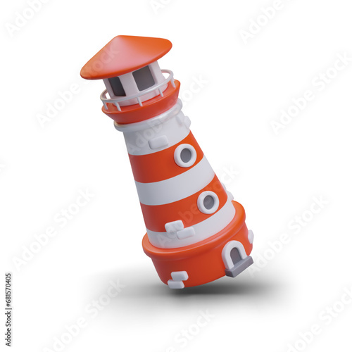 3D lighthouse in inclined position. Cute vector building for sea, ocean shore. Symbol of hope. Isolated vector illustration. Color concept of safety in navigation