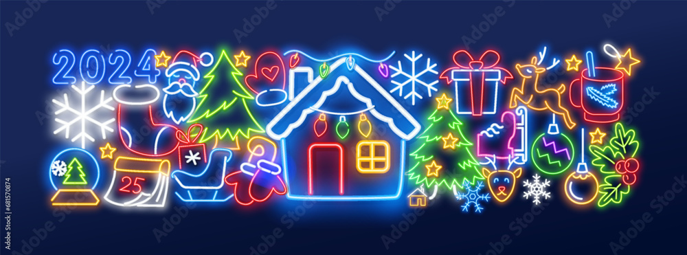 New year neon icons, great design for any purposes. Icon on colorful backdrop. Happy new year. Party decoration. Vector holiday illustration