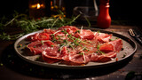 delicious Italian appetizer beef carpaccio . modern food photography in rustic style . in detail