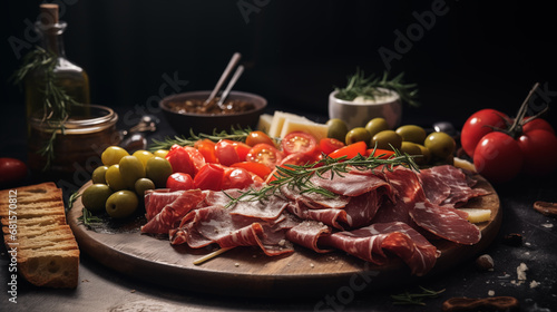 delicious Italian antipasto plate. modern food photography in rustic style . in detail