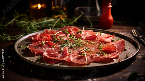 delicious Italian appetizer beef carpaccio . modern food photography in rustic style . in detail