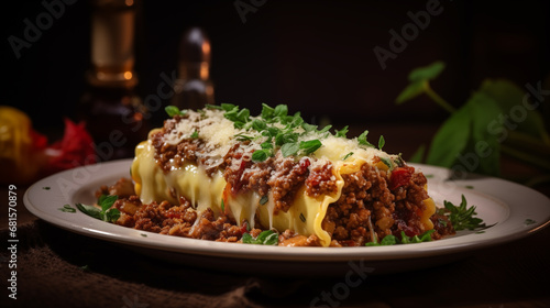 delicious Italian cannelloni pasta with bolognese. modern food photography in rustic style . in detail