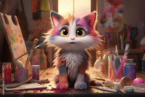 Illustration of a funny cat artist with a paintbrushes and paintes and pastel, in his art studio. Anthropomorphic cat artist character. Art concept.