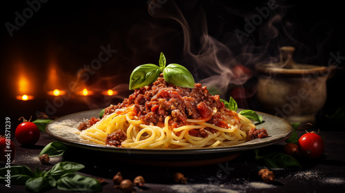 delicious Italian pasta bolognese . modern food photography in rustic style . in detail