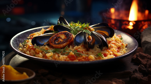 delicious Italian sea food risotto modern food photography in rustic style . in detail