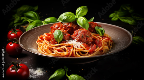 delicious Italian spaghetti pasta with meatballs and tomato sauce. modern food photography in rustic style . in detail