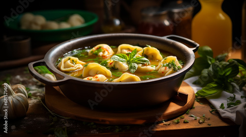 delicious Italian tortellini in broth.  modern food photography in rustic style . in detail