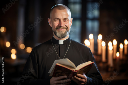 Priest reading bible in the temple. Orthodox Christmas concept photo