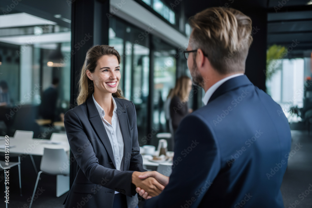 Happy business woman shaking hands next to meeting of prospective business partner Happy business woman shaking hands next to meeting of prospective business partner