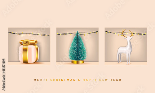 Merry Christmas and Happy New Year. Background shelf stand frame, realistic festive gifts box. Porcelain figurines of beautiful traditional deer. Xmas pine fir lush tree. Holiday composition render 3d