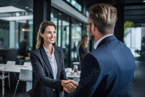 Happy business woman shaking hands next to meeting of prospective business partner