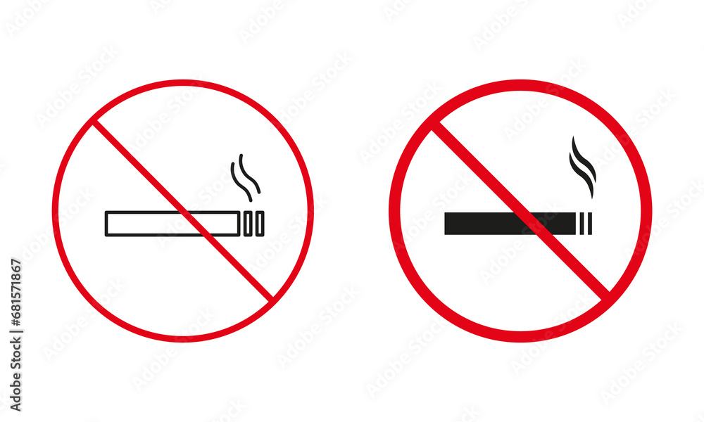 Smoking Tobacco Red Warning Signs. Smoke Cigarette Line and Silhouette Icons Set. Allowed and Prohibited Area for Smoking Nicotine Cigarette Pictogram. Isolated Vector Illustration Smoking Tobacco Red Warning Signs. Smoke Cigarette Line and Silhouette Icons Set. Allowed and Prohibited Area for Smoking Nicotine Cigarette Pictogram. Isolated Vector Illustration
