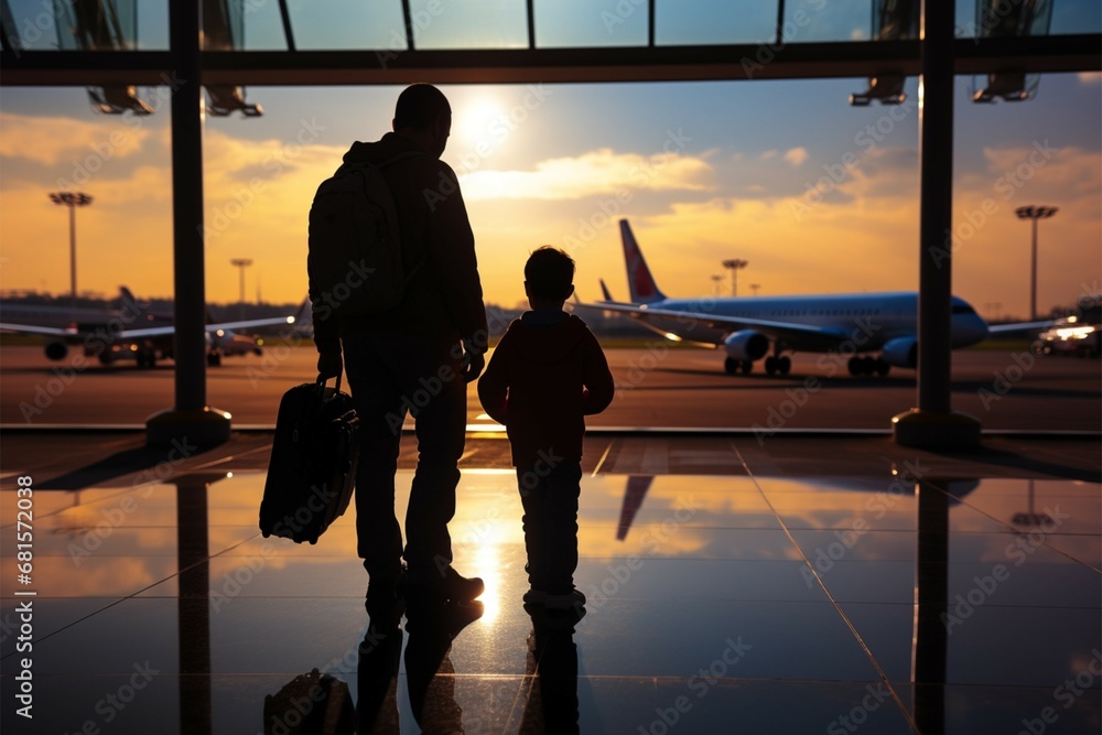 Family at airport traveling airline silhouette