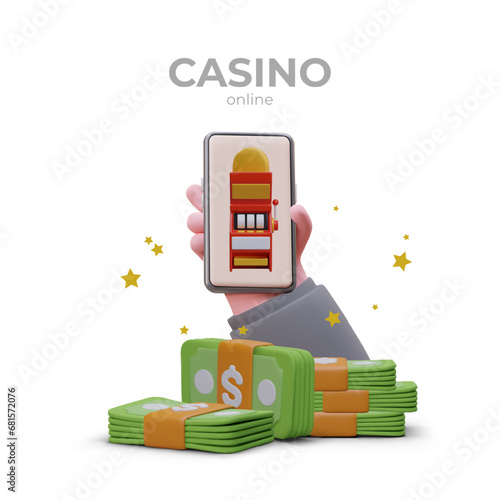 Online casino application. Realistic hand holding smartphone with slot machine on screen. Bundles of green banknotes, gold stars. Concept of online winnings, app advertising