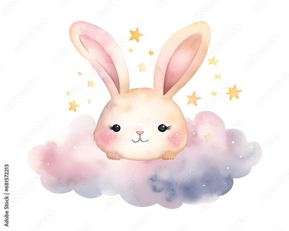Cute cartoon pink rabbit sleeping on soft clouds watercolor illustration isolated on white background Cute cartoon pink rabbit sleeping on soft clouds watercolor illustration isolated on white background