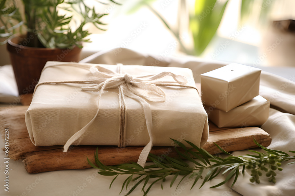 Stack of beige Christmas gifts tied with a natural jute ribbon, pine branch accents, soft-focused cozy background Stack of beige Christmas gifts tied with a natural jute ribbon, pine branch accents, soft-focused cozy background