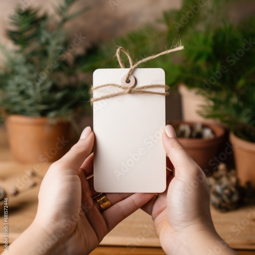A hand holding a white gift tag, tags top corners are cut in 45 degree on both sides, in the style of craftcore, blurry gift package in background wrapped in cardstock paper and hemp rope photo