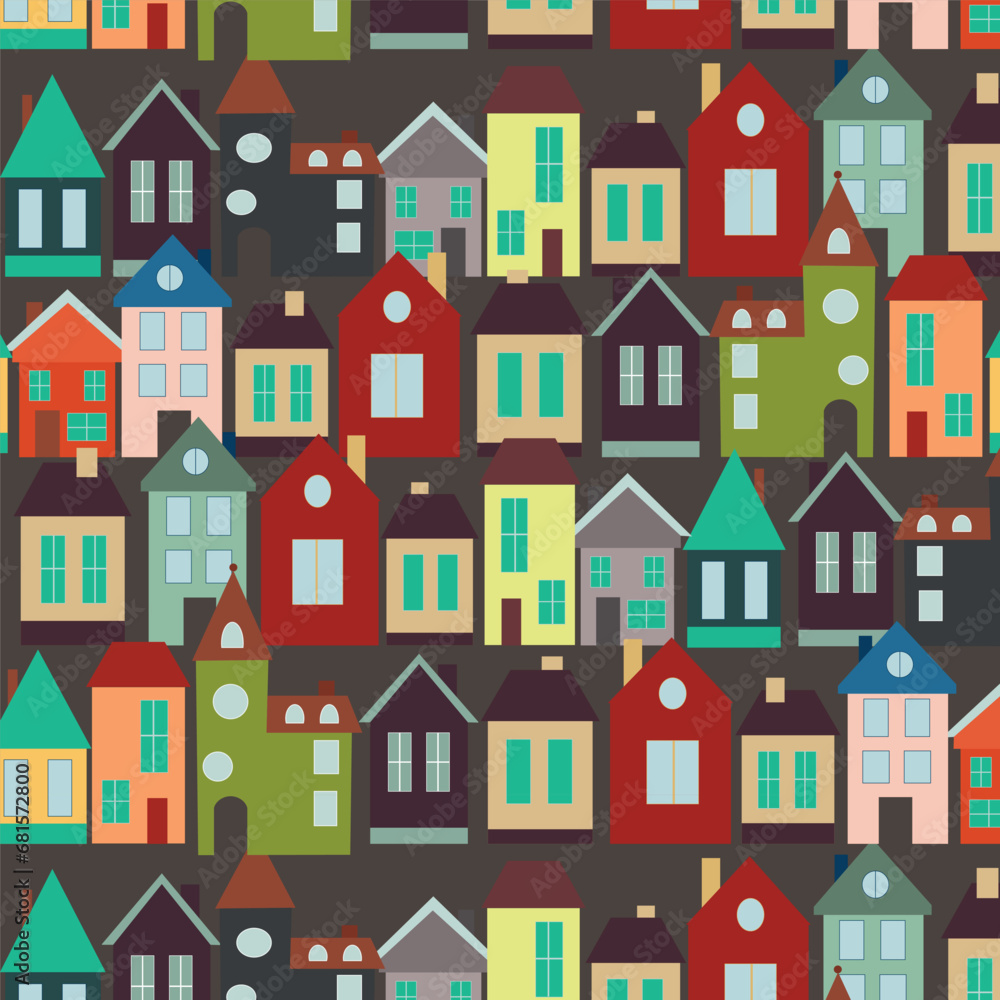 Colorful houses assembled in an ornament. Pattern houses for patterns and prints.