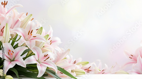 Easter lillies and colorful decorated easter eggs on a light pastel background. AI generative