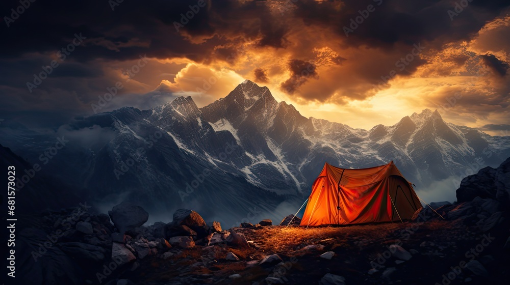 Glowing orange tent in the mountains under dramatic