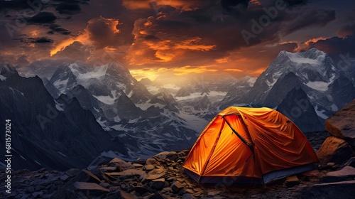 Glowing orange tent in the mountains under dramatic