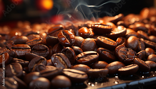 Freshly brewed coffee on a dark background, a caffeine addiction generated by AI