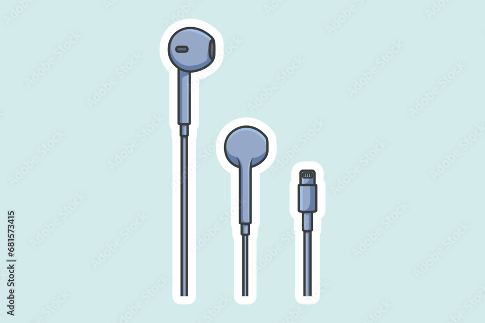 Earphones with Connector Sticker vector illustration. Recreation technology objects icon concept. Wire Headphones pair sticker design icon logo. Earphones with Connector Sticker vector illustration. Recreation technology objects icon concept. Wire Headphones pair sticker design icon logo.