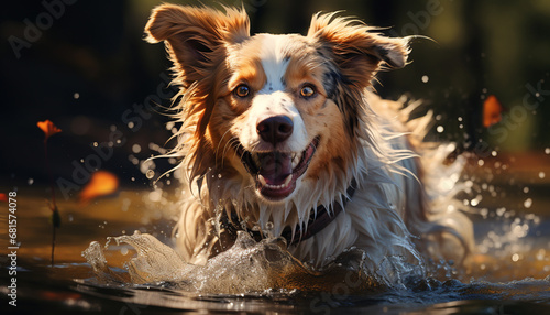 Cute puppy playing in water, purebred dog having fun generated by AI © djvstock