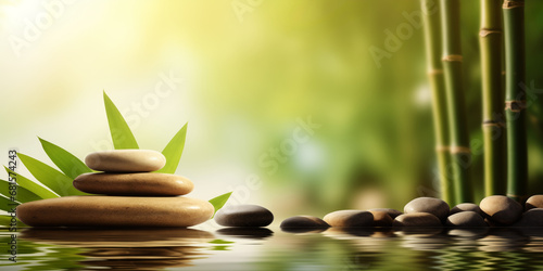 Zen stones, bamboo and water in a peaceful zen garden, relaxation time, wellness and harmony, massage, spa and bodycare concept
