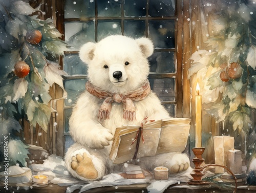 Christmas small white bear reading a book childrens book illustration, Winter holidays book illustration theme. For banners, posters, advertising. AI generated photo