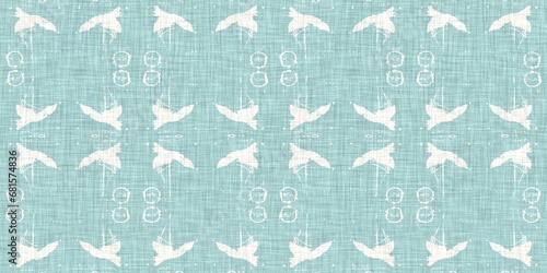 Aqua teal blue white vibrant watercolor batik azulejos tile border banner background. Seamless coastal blur linen effect geometric mosaic effect.Boho Patchwork nautical masculine summer ribbon trim. 