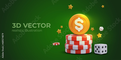 Concept of online casino. Buy red chips, win game. Poster with green background and place for text. Concept of risk and gamble. Vector illustration in 3D style